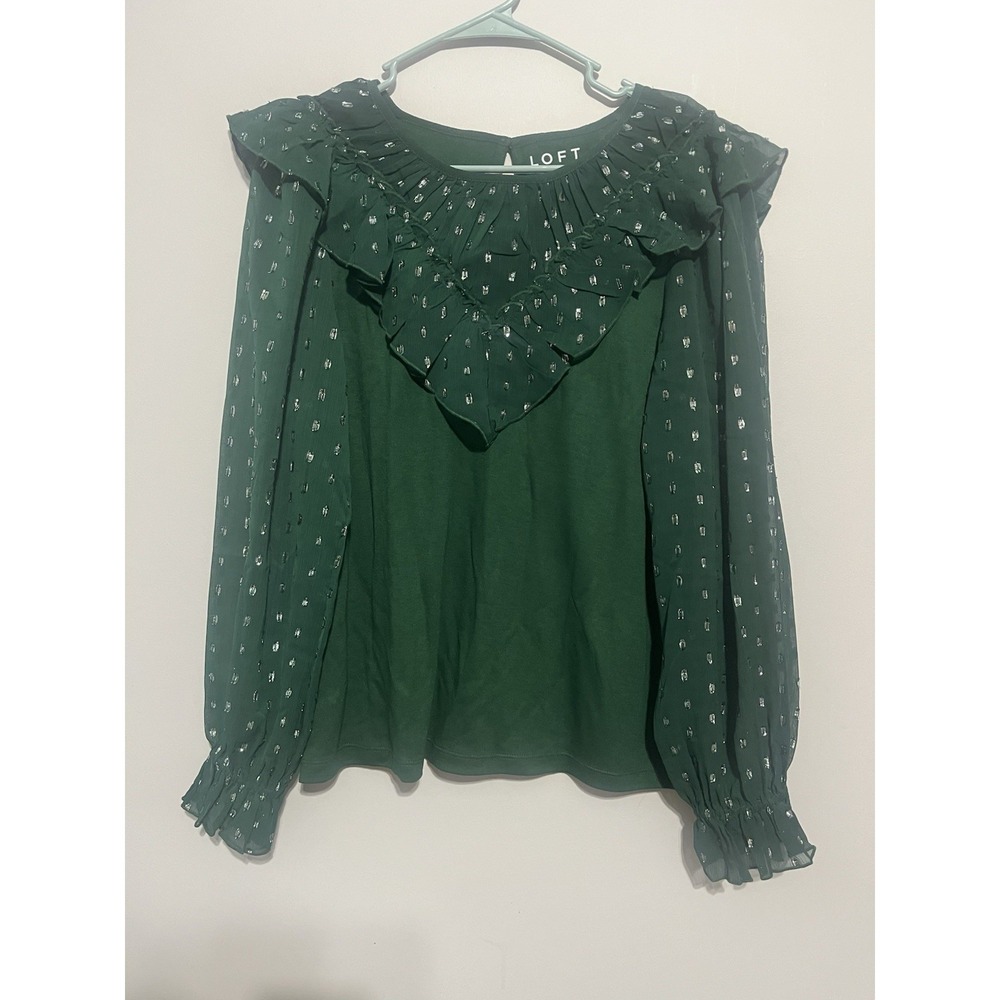 Loft Blouse Womens L Large Green Silver Shimmer Dotted Ruffle Yoke Mixed Media